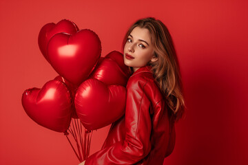 valentine's day concept, Radiant Joy - Woman with Red Heart Balloons Celebrating Valentine's Day