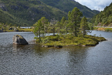 Fototapeta premium Islands on the lake Nedre Karingsvatnet at Gronelva in Nordland county, Norway, Europe 