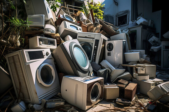 Generative AI image of a pile of discarded electronic devices, including monitors, washing machines, and computers, cluttered in an outdoor setting, symbolizing electronic waste