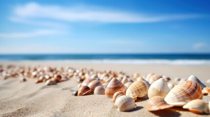 Shells on sandy beach with blue sky background