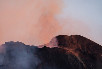 Eruptive vent with lava emis at the top of the Etna volcano