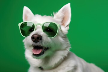 White dog wearing green sunglasses on green background 