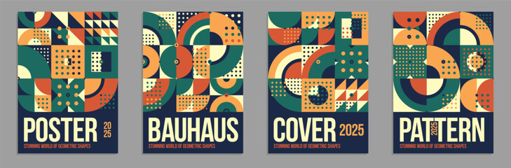 Geometric vector posters and covers in Bauhaus style, layout for advertisement sheet, brochure or book cover, tiling mosaic pattern in traditional ceramic colors.