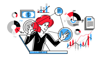 Online business and finance consulting vector outline illustration, woman adviser instructor explains lecture on internet, consultant.