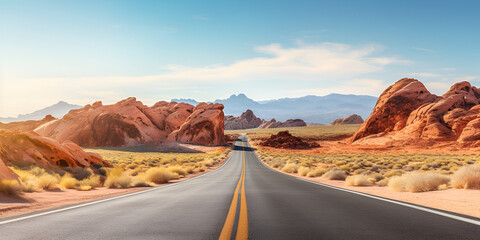 Driving View of road on USA Red mountains path Ai,  Road Clear Sky Desert Mountains Landscape realistic image, ultra hd, high design very detailed , generative AI
