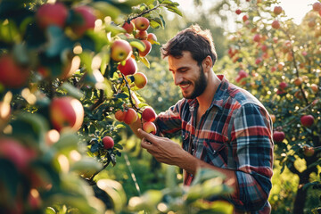 happy man picking red apples in apple orchard