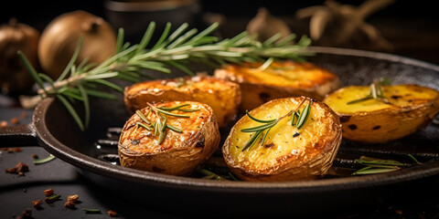 Fried (baked) whole small potatoes with rosemary and salt in a frying pan, ruddy crust, appetizing food, Round roasting pan with delicious roasted potatoes with fresh and natural herbs, generative A


