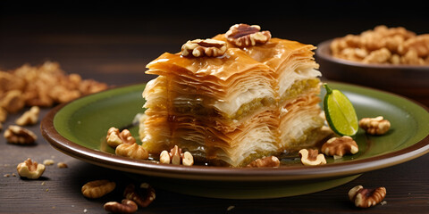 The luscious Middle Eastern delicacy, Baklava, essentially involves a profound usage of sugar, Cottage cheese pancakes HD 8K wallpaper Stock Photographic , generative AI