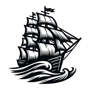 sailing ship with a wave vector illustration