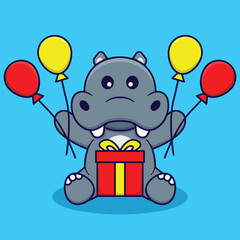 Cute Hippo Holding Balloons and Gifts Vector Cartoon Ilustration