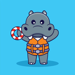 Cute Hippo Wearing Safety Lifebuoy Vector Cartoon Illustration