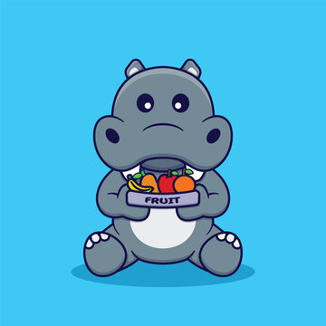Cute Hippo Holding Fresh Fruits Vector Cartoon Illustration
