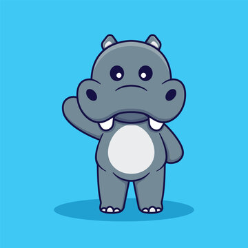 Cute Hippo Waving Vector Cartoon Illustration