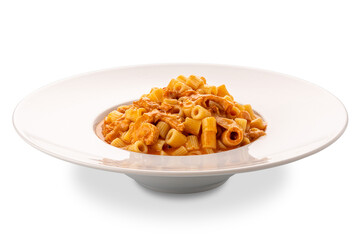 Ditalini pasta with tomato sauce tripe in white plate isolated