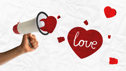 Poster. Contemporary art collage. Person holding megaphone with red hearts with inscription love coming out of it. Old paper filter. Concept of Valentines Day, love, date, relationship, feelings.