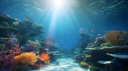underwater Sea, dark blue ocean surface seen from underwater, tropical seabed with reef and sunshine