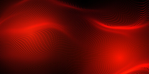 Abstract futuristic red wave with moving dots. Flow of particles with glitch effect. Ideal vector graphics for brochures, flyers, magazines, business cards and banners. Vector. - obrazy, fototapety, plakaty