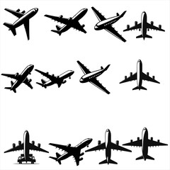 airplane doing aerobatics, silhouettes set of aeroplane - obrazy, fototapety, plakaty