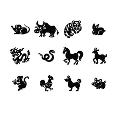 Naklejka premium Set of eastern horoscope symbols silhouettes vector illustration