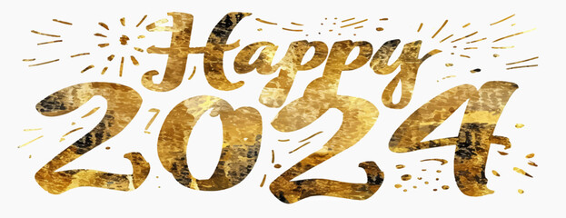 Happy New Year 2024 with calligraphic and brush painted with sparkles and glitter text effect. Vector illustration background for new year's eve and new year resolutions and happy wishes