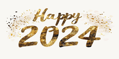Happy New Year 2024 with calligraphic and brush painted with sparkles and glitter text effect. Vector illustration background for new year's eve and new year resolutions and happy wishes