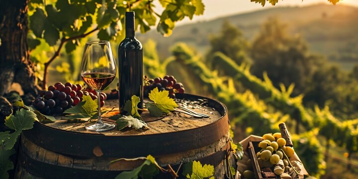 a dreamy winery in tuscany, wonderful tasty italian wine, glass and wine bottle