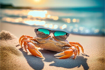 Portrait of a Crab in sunglasses on the background of a tropical beach. AI generated