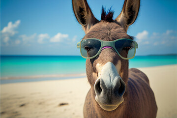 Portrait of Donkey in sunglasses at the resort. AI generated