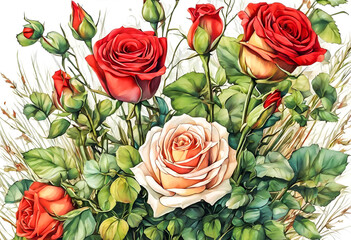 Watercolor floral bouquet composition with red and white roses, Bouquet of roses