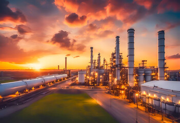 Fototapeta na wymiar Oil refinery plant and industrial factory building with sky background at sunset, pipeline for transport oil and gas.