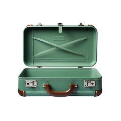 a green suitcase with a brown handle