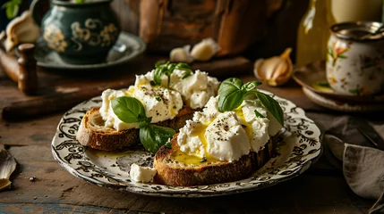 Fotobehang Mozzarella on garlic toast vintage and food photograph © Daniel