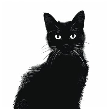 Elegant Black Cat Silhouette Portrait Isolated on White Background