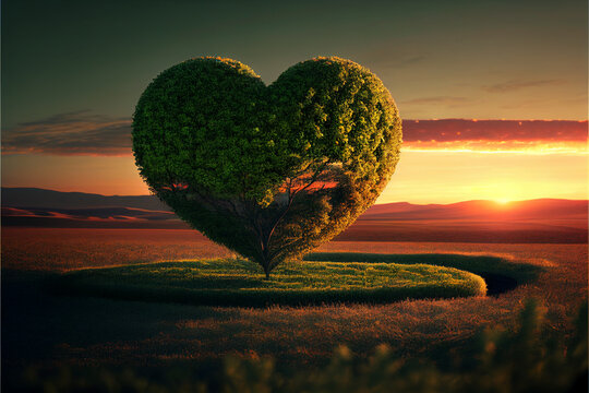 A heart-shaped tree grows in a picturesque valley. AI generated.