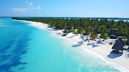 Aerial view of tropical island with white sand, turquoise water and palm trees. Panoramic view.