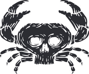 Crab with skull head silhouette in cartoon retro style. Realistic vintage silhouette sea animal. Hand drawn design elements for print, tattoo. Sketch vector illustration. © vvvisual