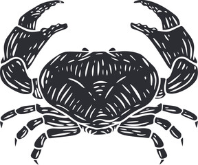 Hand drawn monochrome crab in cartoon retro style. Realistic vintage silhouette sea animal. Design element for branding restaurant, shop. Sketch vector illustration. - 700060163