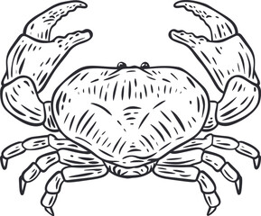 Hand drawn monochrome crab in cartoon retro style. Realistic vintage silhouette sea animal. Design element for branding restaurant, shop. Sketch vector illustration.
