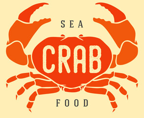 Color crab in cartoon hand drawn retro style. Realistic vintage silhouette sea animal. Design element for branding restaurant, shop. Sketch vector illustration.