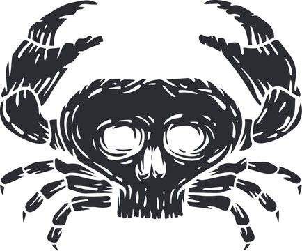 Crab with skull head silhouette in cartoon retro style. Realistic vintage silhouette sea animal. Hand drawn design elements for print, tattoo. Sketch vector illustration.