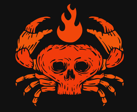 Color crab with skull head silhouette in cartoon retro style. Realistic vintage silhouette sea animal. Hand drawn design elements for print, tattoo. Sketch vector illustration.