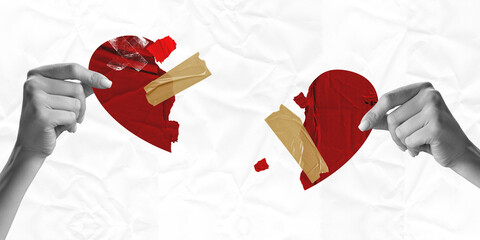 Poster. Contemporary art collage. two hands holding broken heart pieces that taped together. hands...