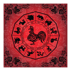 Black ethnic boho rooster, kura on the background of a red banner © irina