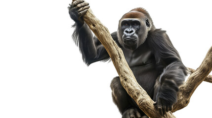 Gorilla sitting on a tree branch isolated on a white background - Powered by Adobe