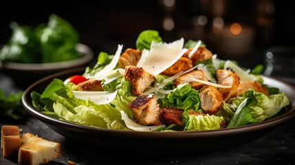 Traditional healthy grilled chicken caesar salad with cheese, tomatoes, and croutons on wooden table over black background. Serving fancy food in a restaurant. - obrazy, fototapety, plakaty