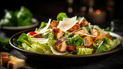 Foto auf Glas Traditional healthy grilled chicken caesar salad with cheese, tomatoes, and croutons on wooden table over black background. Serving fancy food in a restaurant. © lanters_fla