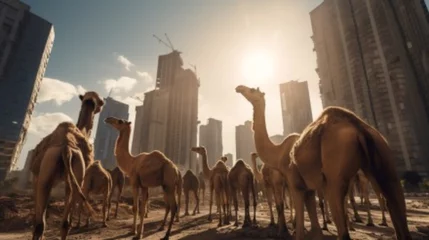 Fototapeten Juxtaposition of nature and urban decay as a group of camels move through a desolate cityscape, with towering high-rise buildings and the sun illuminating the scene against a backdrop of clear blue sk © Muhammad