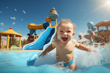 small baby splashing in a water park