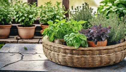 Fresh herbs in a wicker basket. A garden in the background 