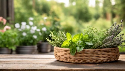 Herbs in a wicker basket. A garden in the background - obrazy, fototapety, plakaty